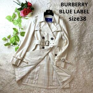 お洒落★BURBERRY BLUE LABEL バーバリーブルーレーベル　ロングトレンチコート　ノバチェック　ベルト　アイボリー　春　アウター　総柄