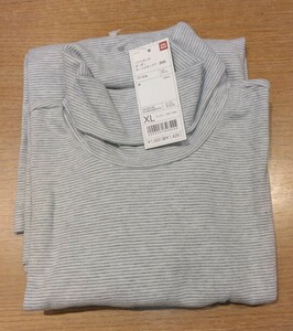 《新品》UNIQLO メンズ タートルネックT 長袖シャツ XLサイズ グレー ボーダー トップス 紳士物 ユニクロ ソフトタッチ c125/587