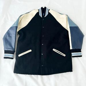 90s gem Sportswear USA製 ロング丈 スタジャン ツートン 黒 メルトン （ ビンテージ 90年代 ロンスタ ファラオジャケット カーコート 50s