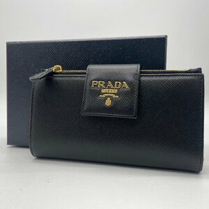 ω綺麗【PRADA プラダ ファスナー小銭入れ付き ２つ折り財布 1ML005 メタルロゴ 中財布 サフィアーノカーフレザー ブラック】TK1789