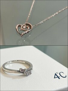 ★大人気！【4℃ ヨンドシー 4ジュエリー アクセサリー リング 10号 ネックレス SILVER 刻印 美品 ハートモチーフ 石 ピンク】NA00593