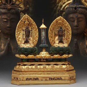 EQ301 仏教美術 彩色 金箔仕上「一塔両尊像」高26.3cm 重730g・三宝尊 仏像 佛像