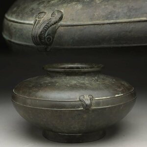 EN984 時代 古銅花瓶・古銅羊頭三耳花瓶 高14cm 重2.3kg・銅羊頭三系罐・花入・花生 中国古玩