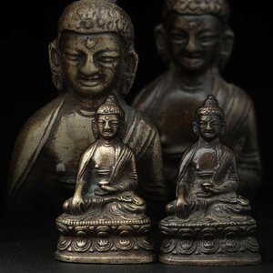JJ997 時代物 小振 銅製 釈迦如来坐像・釋迦牟尼佛像 二躰 高5.8cm 総重148g・小佛・小仏 中国美術