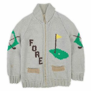 60s 70s カウチンセーター ニット GOLF ゴルファー柄 カナダ ビンテージ USA 古着 カーディガン (-1267) グレー M-L相当