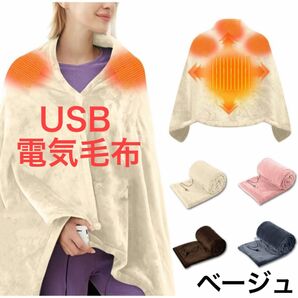 電気毛布 電気ブランケット USB電気毛布 掛け敷き兼用 寒さ対策 アウトドア ふわふわ ベージュ ラスト1点