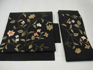 平和屋1□極上　つけ帯　駒刺繍　枝花文　金彩　黒地　逸品3s4425