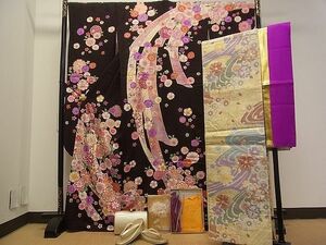 平和屋1■豪華振袖　袋帯・重ね衿・小物セット　貝桶花文　金彩　京都きもの友禅　逸品　vf7432