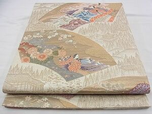 平和屋野田店■六通柄袋帯　扇面取寺院王朝文　金糸　逸品　n-bg0852