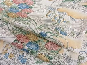 平和屋川間店■上質な小紋　手描き　扇面風景草花文　着丈149cm　裄丈66.5cm　正絹　逸品　B-np3526