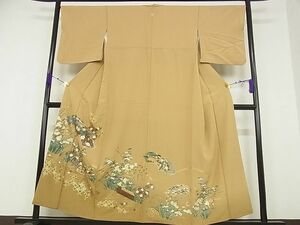 平和屋川間店■豪華色留袖　地紙風景草花文　金彩　着丈152.5cm　裄丈67cm　正絹　逸品　B-dk4542