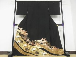 平和屋川間店■豪華黒留袖　駒刺繍　鳳凰扇面花文　金彩　着丈166.5cm　裄丈66cm　正絹　逸品　B-ey4192