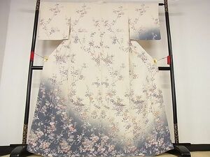 平和屋川間店■訪問着　風景草花文　暈し染め　鬼しぼ縮緬　着丈166.5cm　裄丈64.5cm　正絹　逸品　A-bw3863