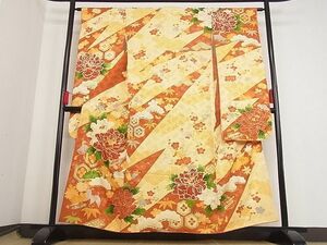 平和屋川間店■豪華振袖　駒刺繍　草花文　松竹梅　金彩　着丈156cm　裄丈62cm　正絹　逸品　B-ag4918