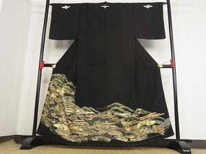 平和屋川間店■豪華黒留袖　風景文　金彩　着丈159cm　裄丈66cm　正絹　逸品　B-ag4908