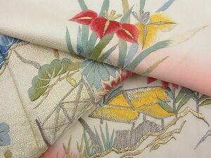 平和屋川間店■訪問着　総刺繍　流水草花文　暈し染め　金糸　逸品　n-fw1835