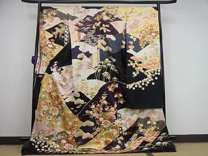 平和屋1●極上　十日町染匠　吉澤の友禅　振袖　駒刺繍　遠山花文　黒地　金彩　仮絵羽　逸品　未使用3s532