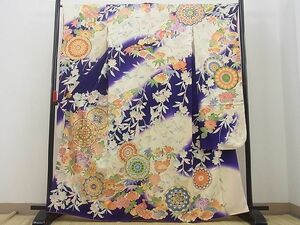 平和屋川間店■豪華振袖　手描き　駒刺繍　花鳥文　暈し染め　金彩　逸品　n-sg1561