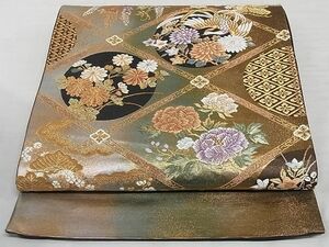 平和屋-こころ店■六通柄袋帯　唐織　鳳凰花丸天井文　光釉色箔　正絹　逸品　A-sx9137