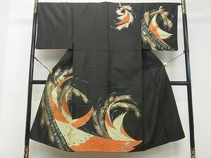 平和屋2■男性　訪問着　刺繍　孔雀文　黒地　金彩　洗える着物　ma4424