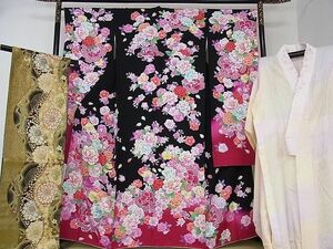 平和屋2●極上　振袖　長襦袢(無双仕立て・半衿刺繍)・袋帯・3点セット　刺繍　花束文　黒地　暈し染め　金糸　やまと誂製　逸品　kh565