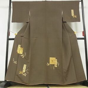 平和屋-こころ店■訪問着 短冊花文 金彩 黒鳶色 着丈157cm 裄丈64.5cm 正絹 逸品 B-zg8679の画像1