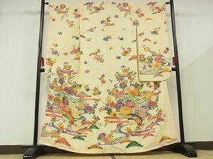 平和屋-こころ店■豪華振袖　駒刺繍　型染め　舞扇花鳥文　着丈160cm　裄丈62.5cm　正絹　逸品　B-zg8673