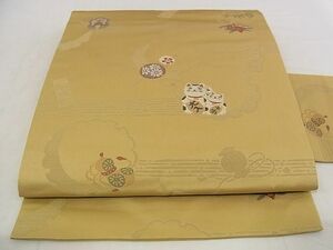 平和屋-こころ店■九寸名古屋帯　招き猫　吉祥文　正絹　逸品　A-pf6399