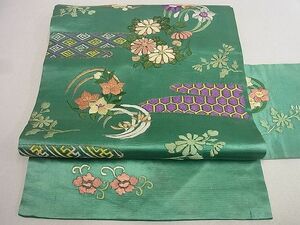 平和屋2■アンティーク　大正ロマン　九寸名古屋帯　総刺繍　霞吉祥花文　金糸　逸品　du3989