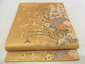 平和屋-こころ店■六通柄袋帯　唐織　九百本金弐重織　花車華　正絹　逸品　A-pf6429