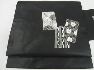 平和屋2■九寸名古屋帯　総刺繍　短冊花文　黒地　金糸　逸品　ma4562