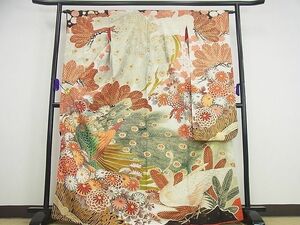 平和屋1●極上　アンティーク　大正ロマン　振袖　駒刺繍　孔雀花松文　金彩　黒地　逸品3s2596