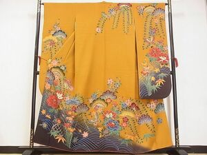 平和屋-こころ店■豪華振袖　紅型　流水花蝶文　暈し染め　着丈157cm　裄丈63.5cm　正絹　逸品　A-ta8605