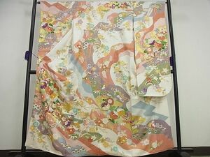 平和屋1□極上　振袖　駒刺繍　道長花車舞蝶文　京都きもの友禅扱い　金彩　逸品3s4810