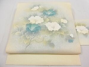 平和屋2■九寸名古屋帯　手描き　枝花文　鬼しぼ縮緬　金銀彩　逸品　jm3155