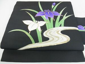 平和屋2■九寸名古屋帯　駒刺繍　流水草花文　黒地　金彩　逸品　op8300