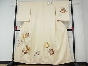 平和屋-こころ店■訪問着　駒刺繍　花鳥唐草文　金彩　着丈152.5cm　裄丈64cm　正絹　逸品　A-cs7337