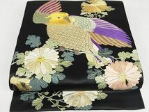 平和屋-こころ店■極上　アンティーク　大正ロマン　丸帯　総手刺繍　花鳥文　インコ　黒地　金糸　引き抜き帯　正絹　逸品　4kk10013_画像1