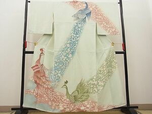 平和屋川間店■訪問着　手描き　刺繍　孔雀　暈し染め　金彩　逸品　n-ab0125