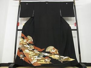 平和屋-こころ店■豪華黒留袖　駒刺繍　扇面飛鶴花文　金彩　着丈164cm　裄丈67.5cm　正絹　逸品　A-ja5704