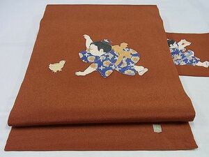 平和屋-こころ店■九寸名古屋帯　作家物　手描き　童子　鬼しぼ縮緬　正絹　逸品　未使用　B-jd5895