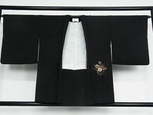 平和屋-こころ店■羽織　扇面草花文　黒地　金糸　正絹　逸品　1B-np2246