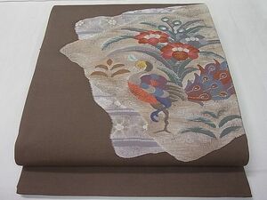 平和屋1■太鼓柄袋帯　花鳥文　すくい織　金銀糸　逸品　ut7373