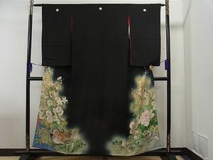 平和屋1■アンティーク　大正ロマン　黒留袖　相良刺繍　散歩着　鴛鴦菊花文　暈し染め　金彩　逸品　1yc3281