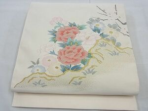 平和屋野田店■爪掻き本綴れ　八寸名古屋帯　菊牡丹枝梅文　金糸　逸品　n-te1224