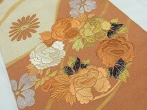 平和屋1■アンティーク　大正ロマン　太鼓柄袋帯　唐織　駒刺繍　草花文　金通し地　逸品　th5304_画像4