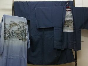 平和屋1■男性　紬　アンサンブル・長襦袢セット　色無地　藍鉄色　逸品　vf7999