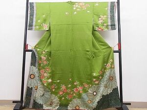 平和屋野田店■訪問着　駒刺繍　菊花唐草文　暈し染め　金彩　逸品　n-hj8384