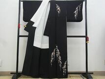 平和屋野田店■訪問着　駒刺繍　枝垂れ桜文　黒地　金糸　逸品　n-gh5762_画像2