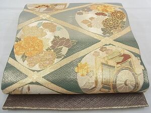 平和屋野田店■佐賀錦　太鼓柄袋帯　駒刺繍　菱天井御所車花丸文　金糸　逸品　n-du0526